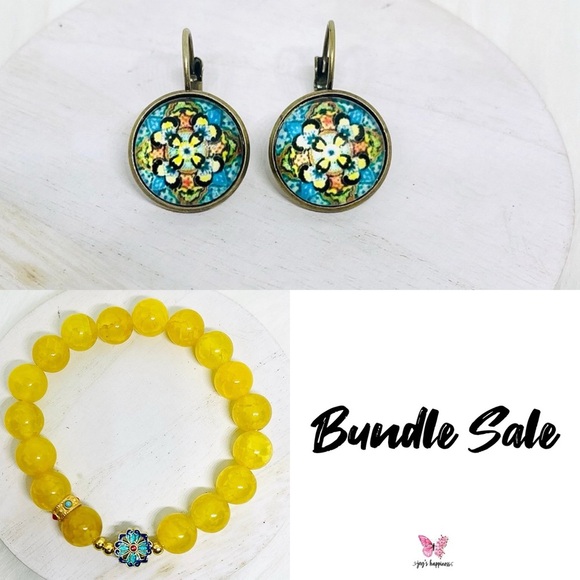 Colorful Floral Ethnic Earrings and Yellow Beaded Bracelet Set - Picture 1 of 7